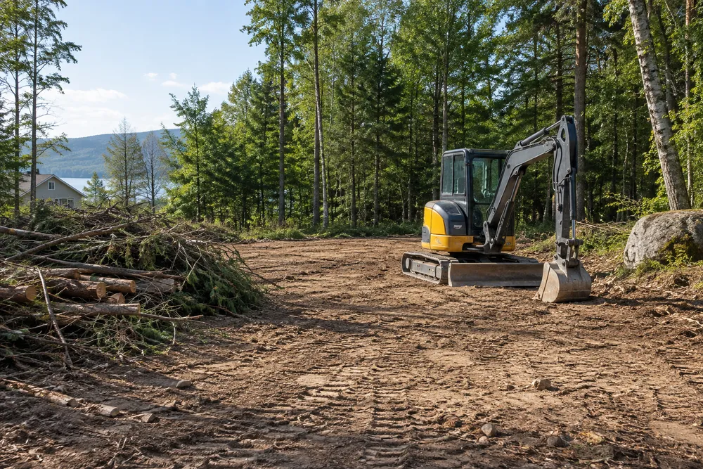 Illustrative Cleared residential lot with preserved trees and a compact excavator