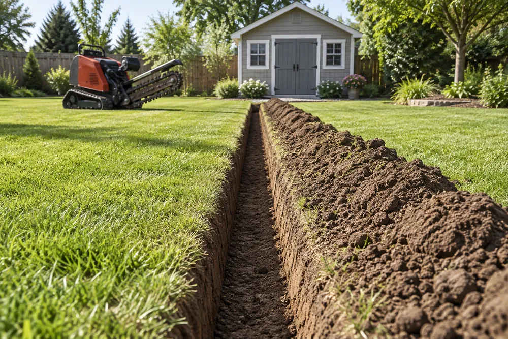 Illustrative Narrow utility trench across a lawn toward a shed