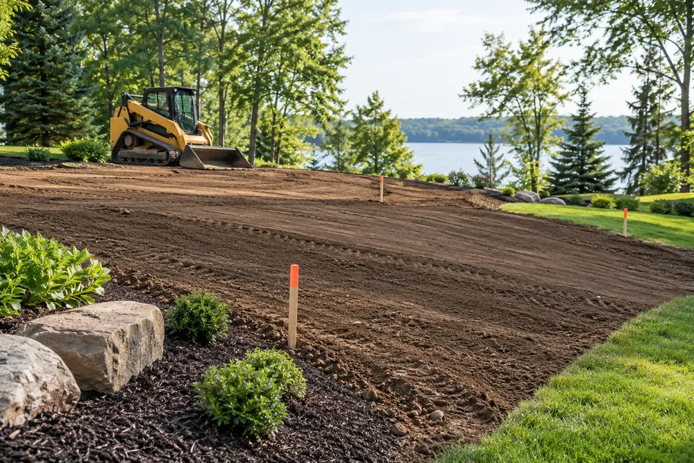 Illustrative Freshly graded yard with survey stakes and a track loader